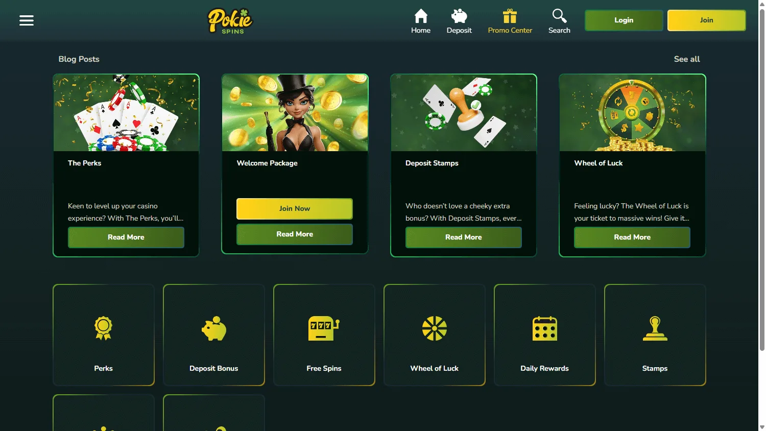 Pokiespins Casino desktop promotions with welcome and deposit offers