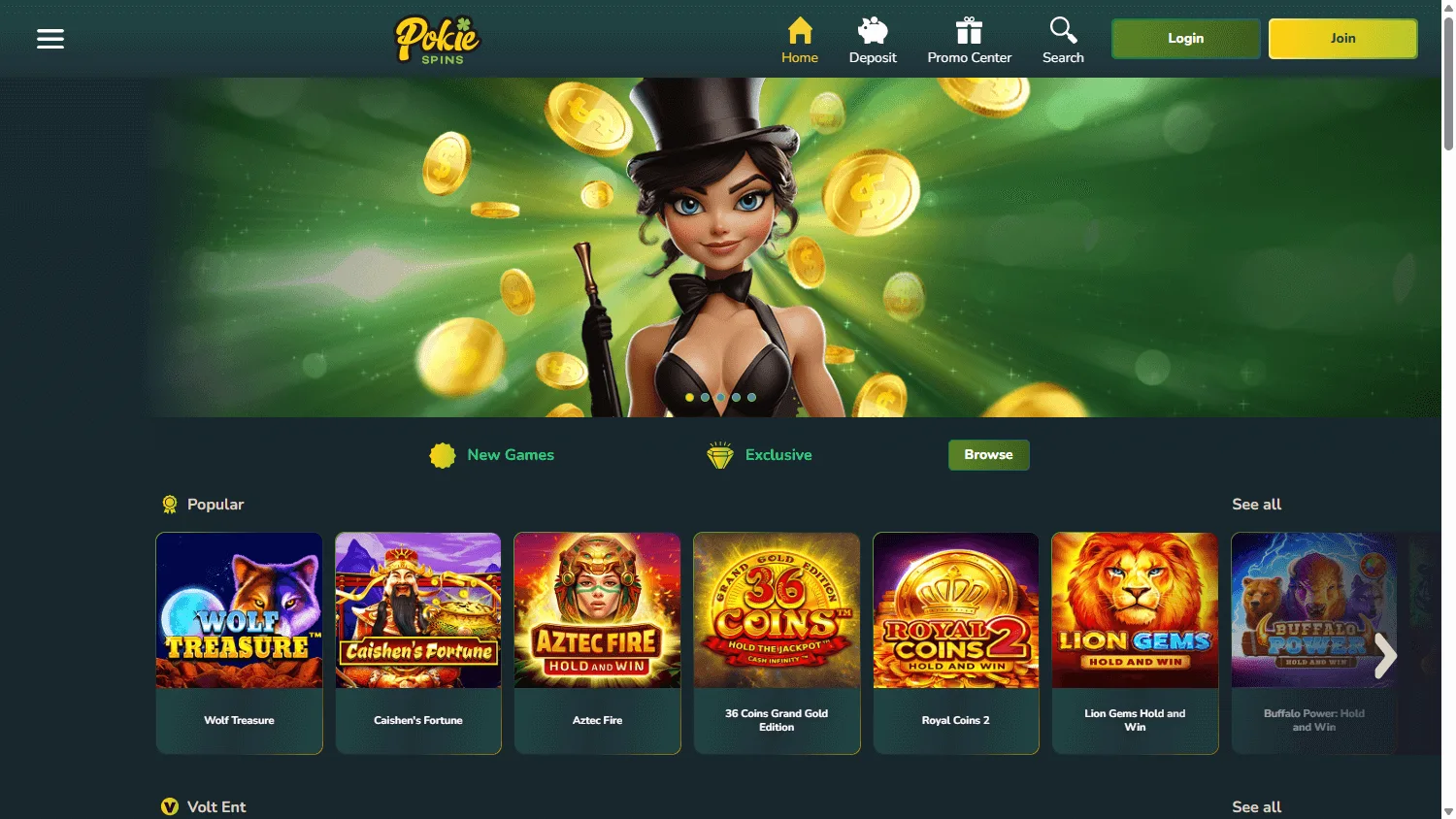 Pokiespins Casino desktop home with casino games and welcome offer