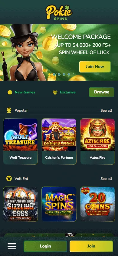 Pokiespins Casino mobile home with games available for instant play